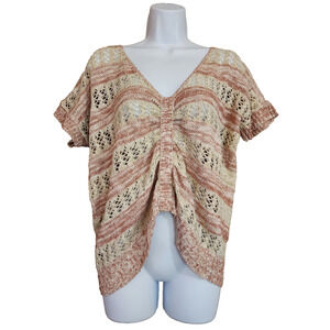 Vanity Womens Dolman Sweater Size M Pink V-Neck Drop Sleeve Ruched Open Knit